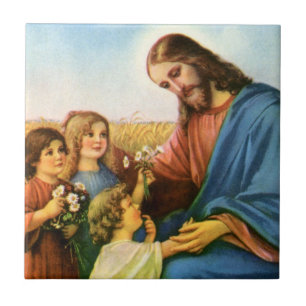 Carreau Enfants vintage apportent des fleurs à Jésus-Chris