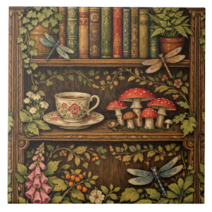 Carreau Étagère de livres rétro champignons café floral 