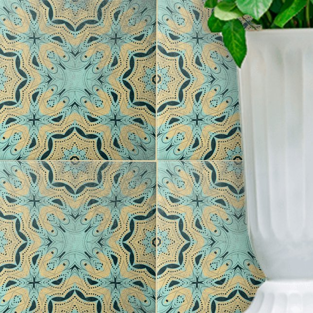 Carreau Ethnic Turquoise noir Détails géométriques pointil (Créateur téléchargé)