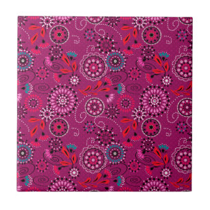Carreau Ethnique folk abstrait motif floral rétro cramson