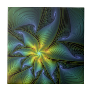 Carreau Etoile Abstraite, Bleu brillant Vert Or Fractal Ar