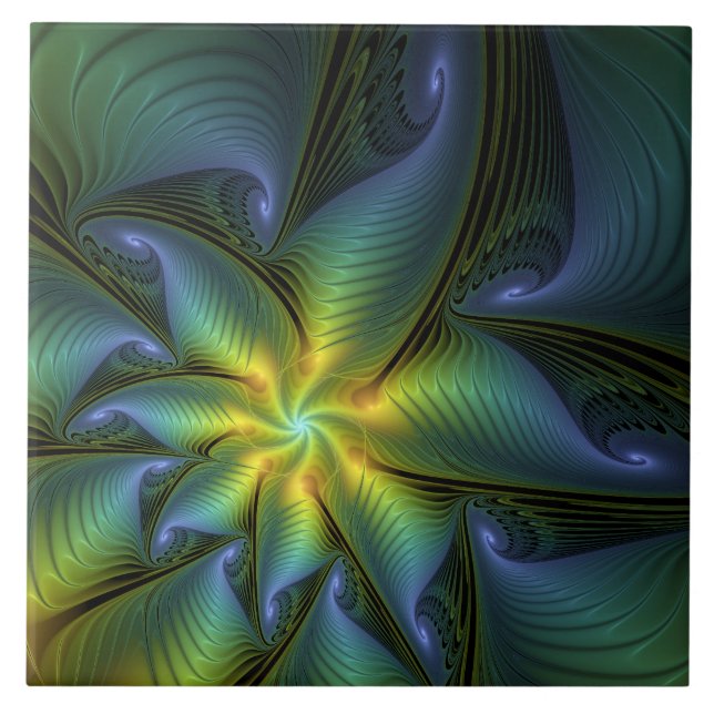 Carreau Etoile Abstraite, Bleu brillant Vert Or Fractal Ar (Devant)
