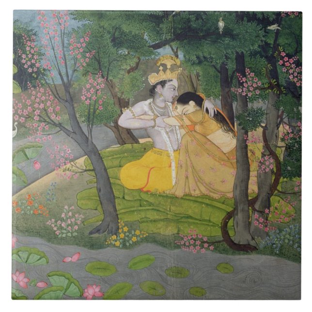 Carreau Étreinte de Radha et de Krishna dans un verger de (Devant)