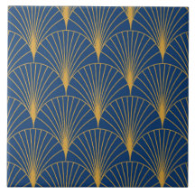 Éventails géométriques dorés Art Déco sur fond ble