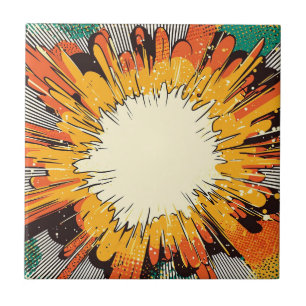 Carreau Explosion orange vif d'art pop sur fond noir avec