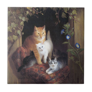 Carreau Famille de chats et feuille d'ivoire par Henriette