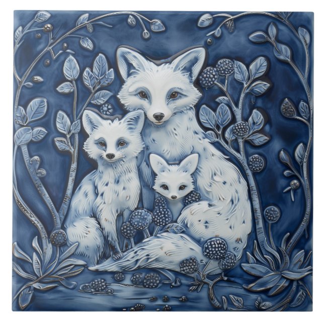 Carreau Famille de Renards Bleus et Blancs Animaux en bois (Devant)