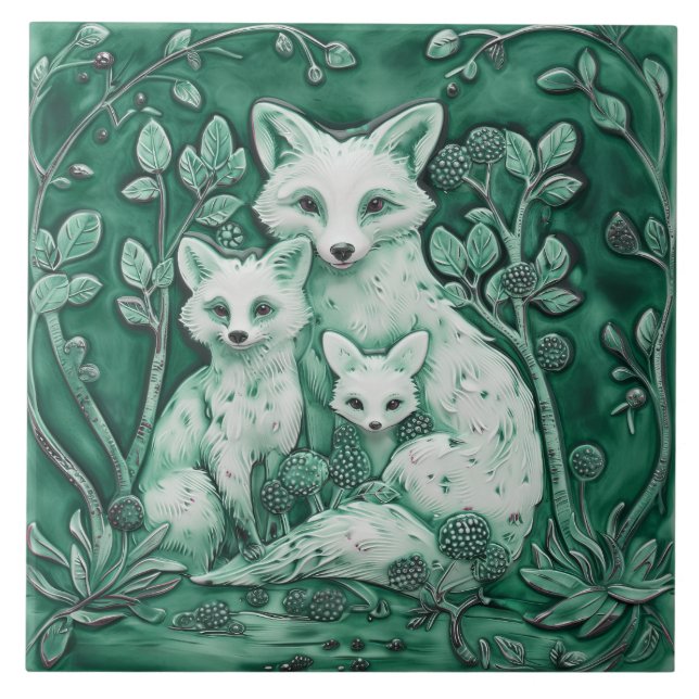 Carreau Famille de Renards Bleus et Blancs Animaux en bois (Devant)