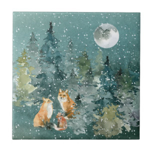 Carreau Famille Fox en forêt Pleine lune neige