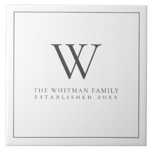 Carreau Famille Monogramme Moderne Élégant Charbon Blanc
