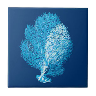 Carreau Fan Coral Sea Life Imprimer, Indigo Blue and White