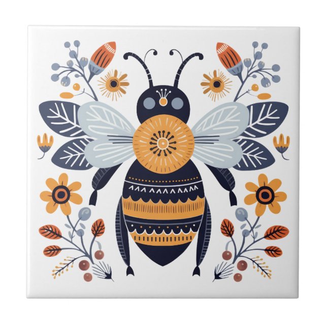 Carreau Fancy Boho Honey Bee Scandinavian Folk Art (Devant)