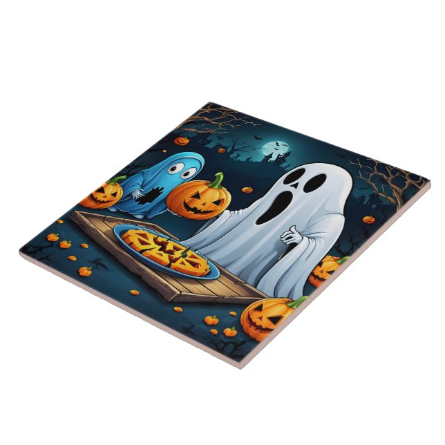 Carreau Fantômes sculptant des citrouilles à Halloween (Côté)