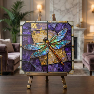 Carreau Fausse Libellule en Verre Peint Violet Or Mosaïque