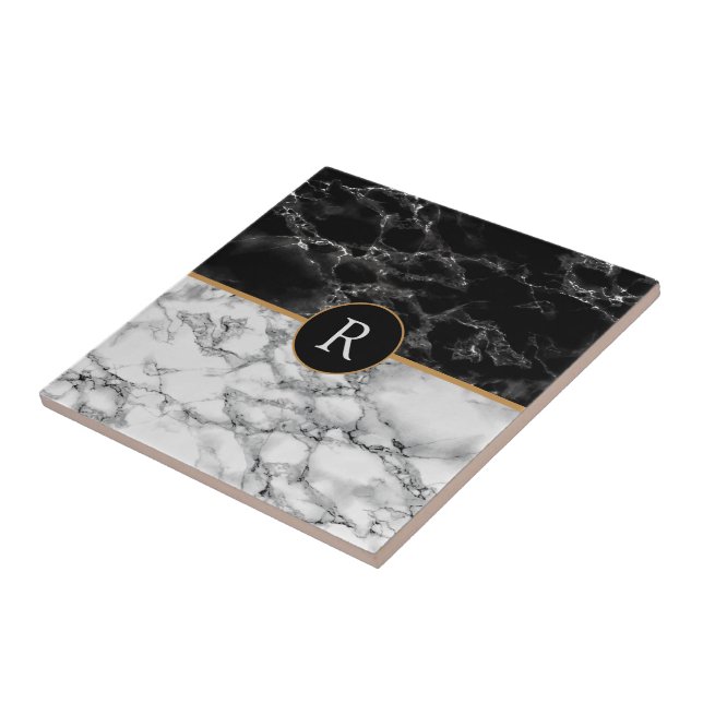 Carreau Faux Marbre Blanc Noir Monogramme Votre Lettre (Côté)