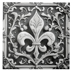 Carreau Faux Relief Fleur de Lis noir et blanc