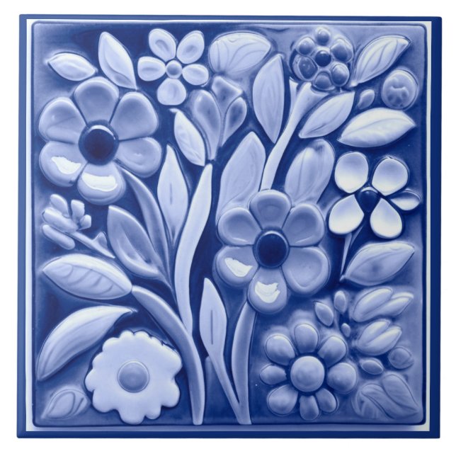 Carreau Faux Relief Fleurs Flore Bleu Foncé (Devant)