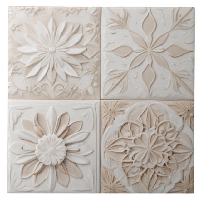 Carreau Faux Relief Pastel Beige & blanc Abstrait Floral (Devant)