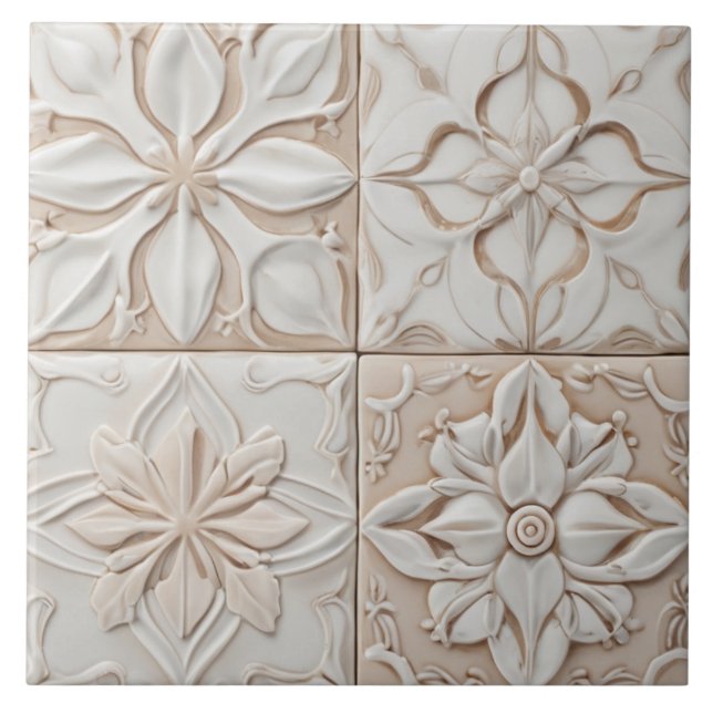 Carreau Faux Relief - Pastel Beige & Blanc Abstrait Floral (Devant)