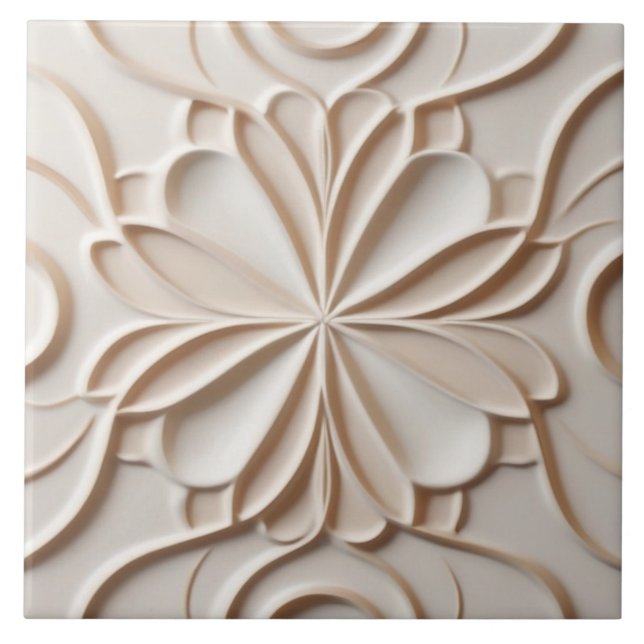 Carreau Faux Relief Pastel Beige & blanc Abstrait Floral (Devant)