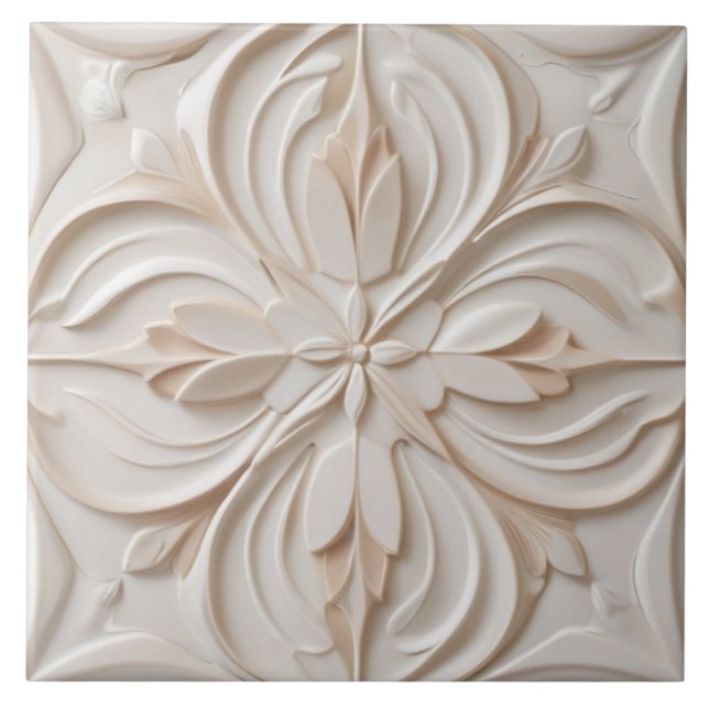 Carreau Faux Relief Pastel Beige & Blanc Fleur Décor (Devant)
