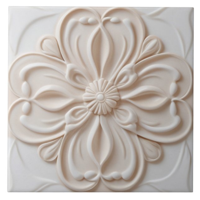 Carreau Faux Relief Pastel Beige & Blanc Fleur Décor (Devant)