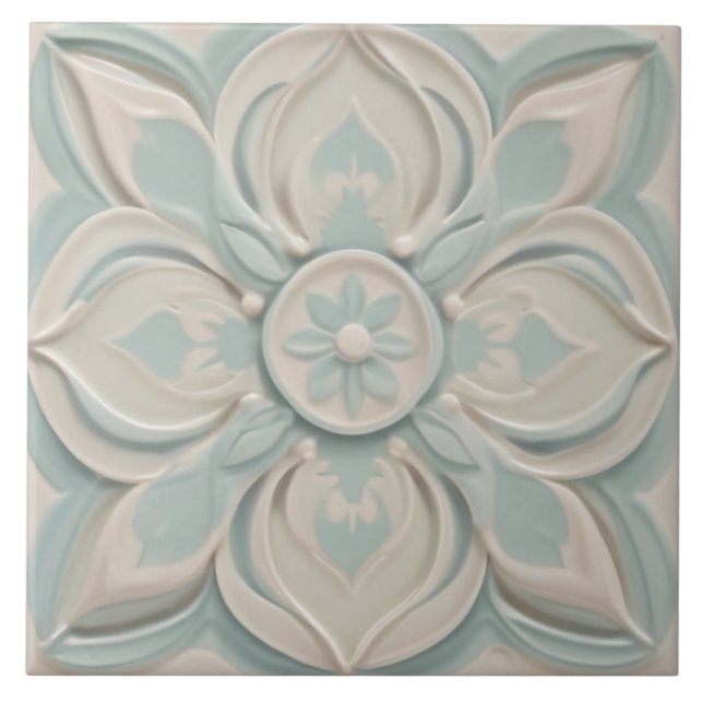 Carreau Faux Relief Pastel Mint Bleu & Blanc Floral (Devant)