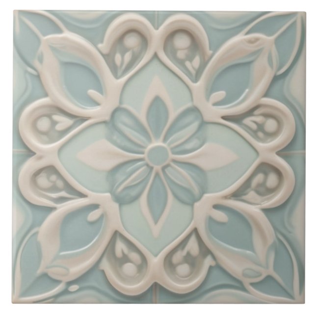 Carreau Faux Relief Pastel Mint Bleu & Blanc Floral (Devant)