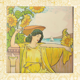 Carreau Femme Art Nouveau avec des tournesols