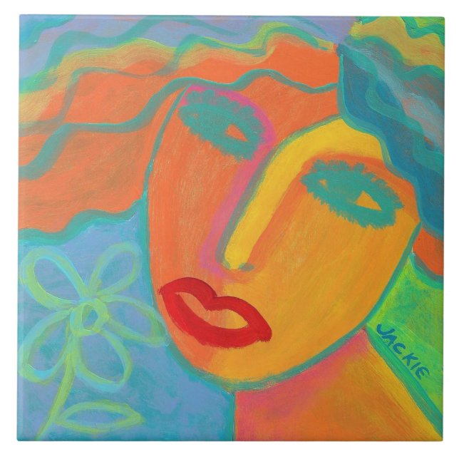 Carreau Femme avec Fleur 2 Art Abstrait original (Devant)