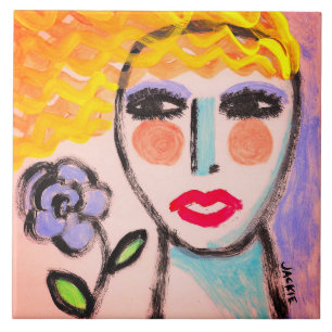 Carreau Femme avec Fleur Art Abstrait original