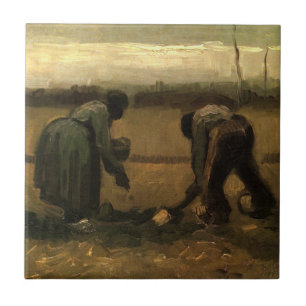 Carreau Femme paysanne plantant de la pomme de terre par V