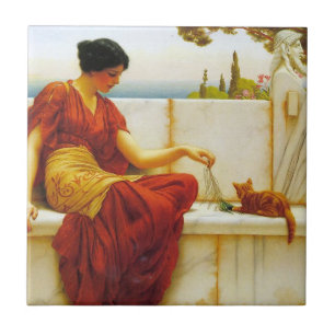 Carreau Femme romaine Jouant avec son chat favori