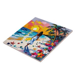 Carreau Femme sur la scène de plage tropicale