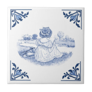 Carreau Femme vintage dessinant Delft coin bleu et blanc