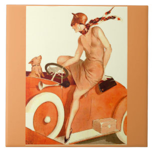 Carreau Femme, voiture et chien des années 1920