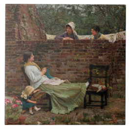 Carreau Femmes qui discutent au-dessus du mur du jardin (c