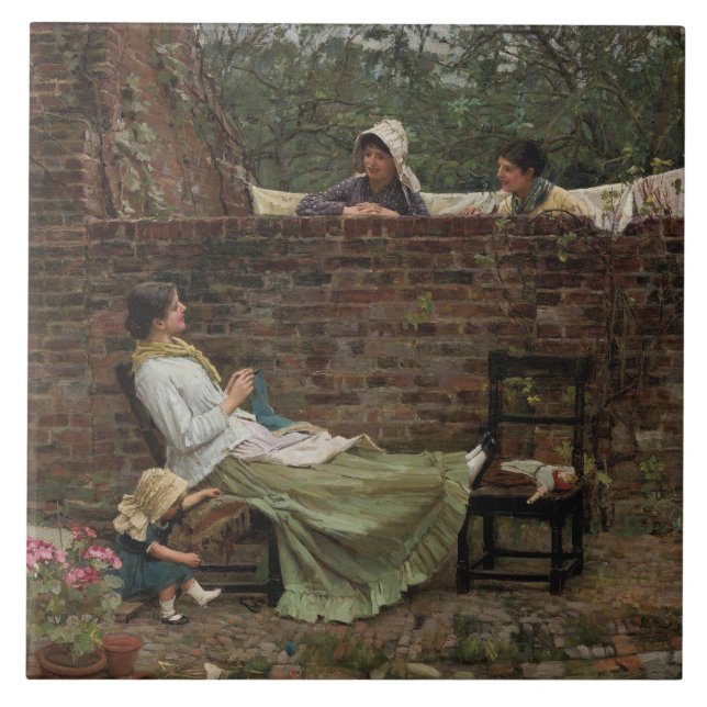 Carreau Femmes qui discutent au-dessus du mur du jardin (c (Devant)
