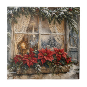 Carreau Fenêtre de Noël au poinsettia enneigé