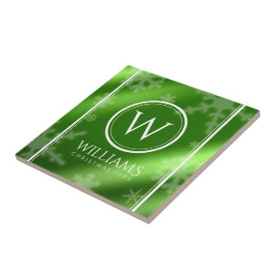 Carreau Festif Green Foil Snowflakes Nom du monogramme