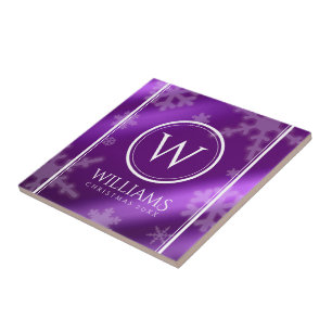 Carreau Festif Violet Foil Snowflakes Nom du monogramme