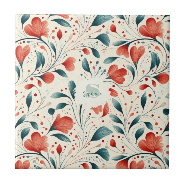 Carreau Feuille bleue blanche et motif floral rouge (Devant)