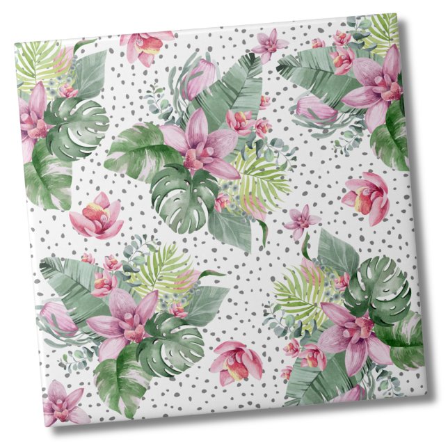 Carreau Feuille Floral Tropical Motif (Cute Trendy Dot Floral Watercolor Tropical Pattern Ceramic Tile)