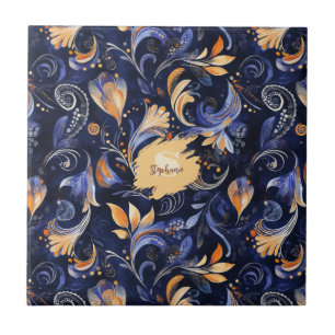 Carreau Feuilles Abstraits Paisley bleu et or