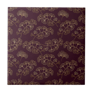Carreau Feuilles de Ginkgo en Or Luxueux sur un Bourgogne 
