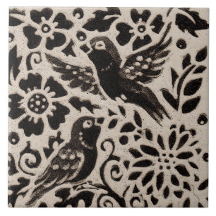 Carreau Feuilles d'oiseaux Batik Stoneware Bois Animal Tan