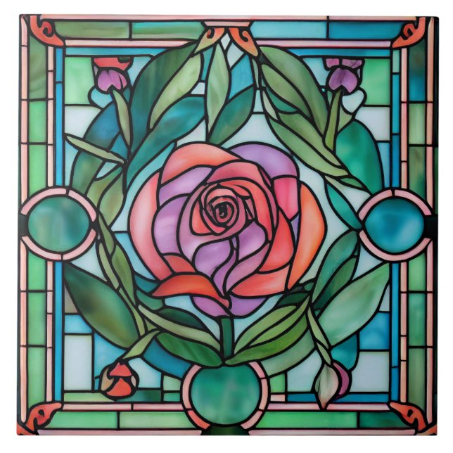 Carreau Feuilles Roses ornés de la couronne de verre (Devant)