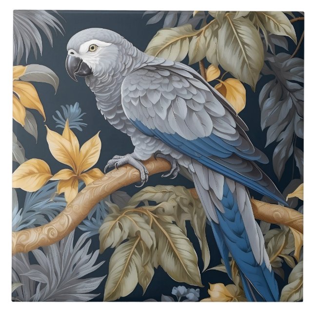 Carreau Feuilles tropicaux du perroquet gris d'Afrique (Devant)