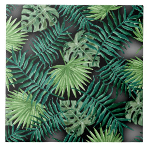 Carreau Feuilles tropicaux luxuriants, vert de forêt,