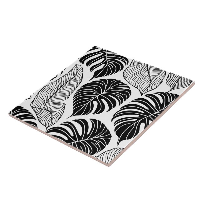 Carreau Feuilles tropicaux modernes noirs et blancs (Côté)